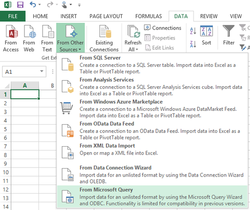 Connecting to the ODBC data source with Microsoft Excel